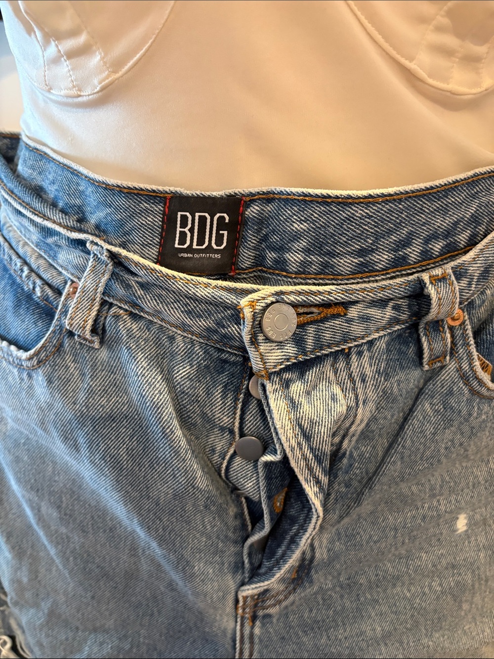BDG Light Blue Distressed High-Waist Denim Bermuda Shorts - Picture 4 of 10